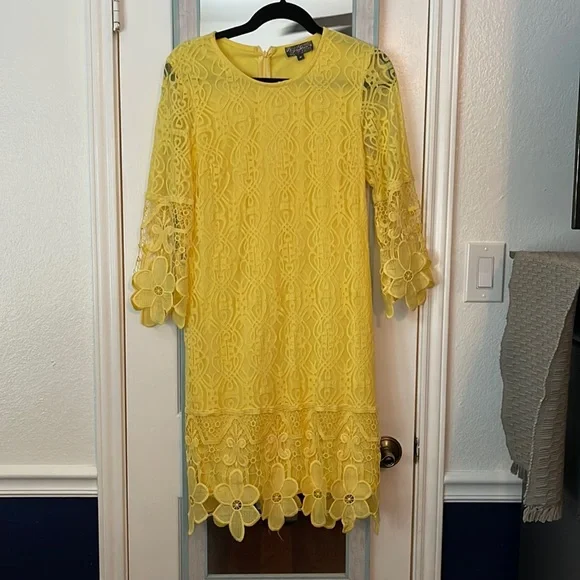 Dresses | Jgee Brand Yellow Foral Lace Dress With 34 Sleeves Size Medium |  Poshmark